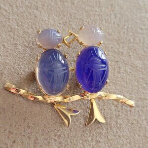 Vintage Burt Cassell 12k Gold Filled Blue Opalescent White Scarab Bird Brooch